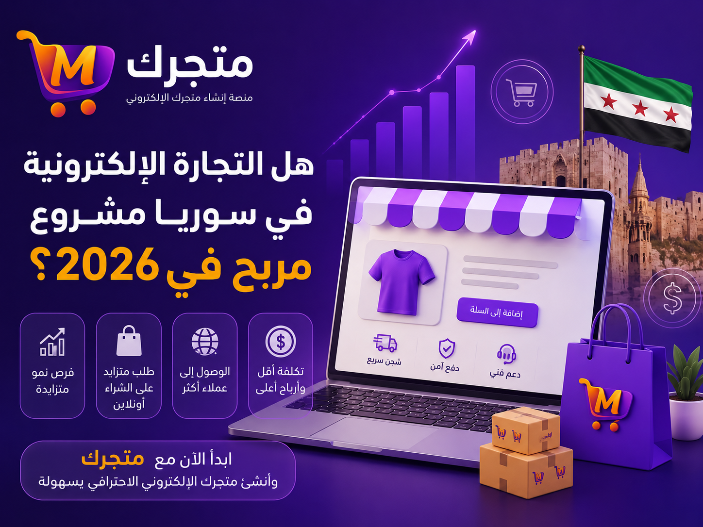 هل التجارة الإلكترونية في سوريا مشروع مربح في 2026؟ مع منصة متجرك لإنشاء المتاجر الإلكترونية