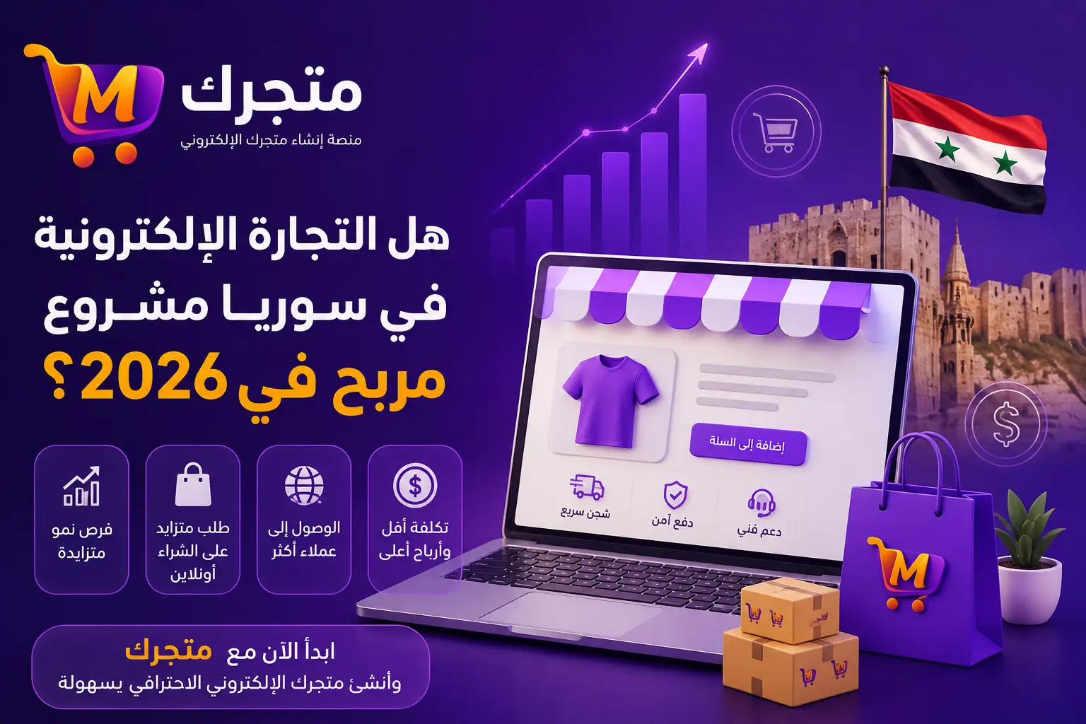 هل التجارة الإلكترونية في سوريا مشروع مربح في 2026؟ مع منصة متجرك لإنشاء المتاجر الإلكترونية